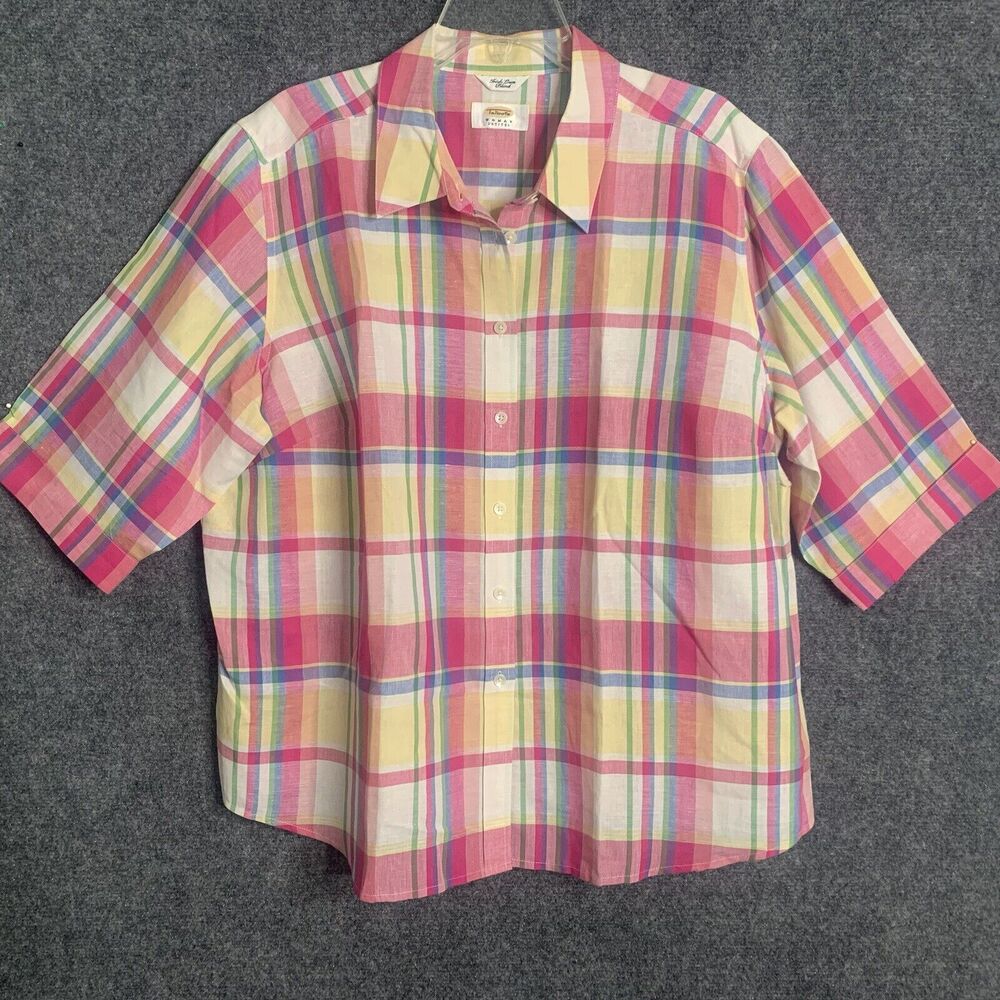 Talbots Petite Woman Button Up Shirt Irish Linen Plaid Colorful No Size Tag